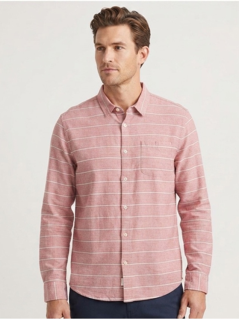 Marine Layer Men's Red & White Horizontal Stripe Long Sleeve Button Down Shirt